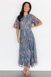 Arabella Embroidered Tulle Maxi Dress | Blue + Pink