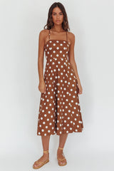 Second Glance Olga Criss-Cross Back Midi Dress Polka Dot Brown